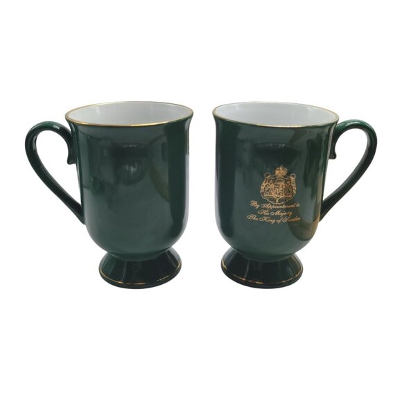 2 Gevalia Kaffe Green Footed Pedestal Mugs Gold Royal Emblem King of Sweden Coff - Picture 9 of 10